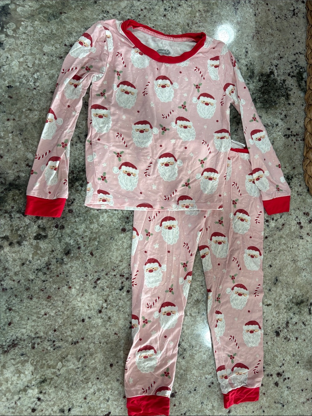 Mud Pie- Girls Pink Santa Print Holiday Pajama Set- glow in the dark!